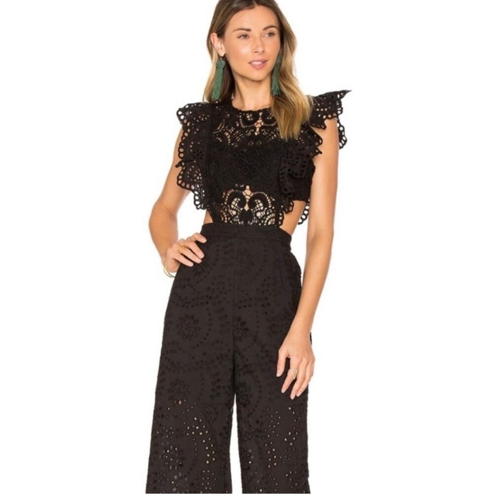 Nightcap Clothing Apron Jumpsuit in Black size 2/S Eyelet Flutter Sleeve - Picture 2 of 16